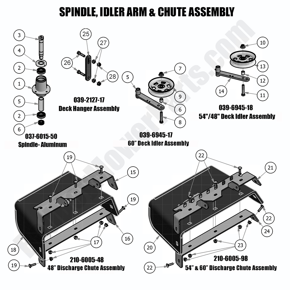 2018 ZT Elite Spindle, Idler Arm, Chute Assembly